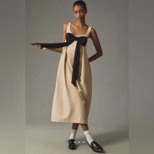 Anthropologie Maeve Bow Barrel Column Midi Dress with black bow. Size S.